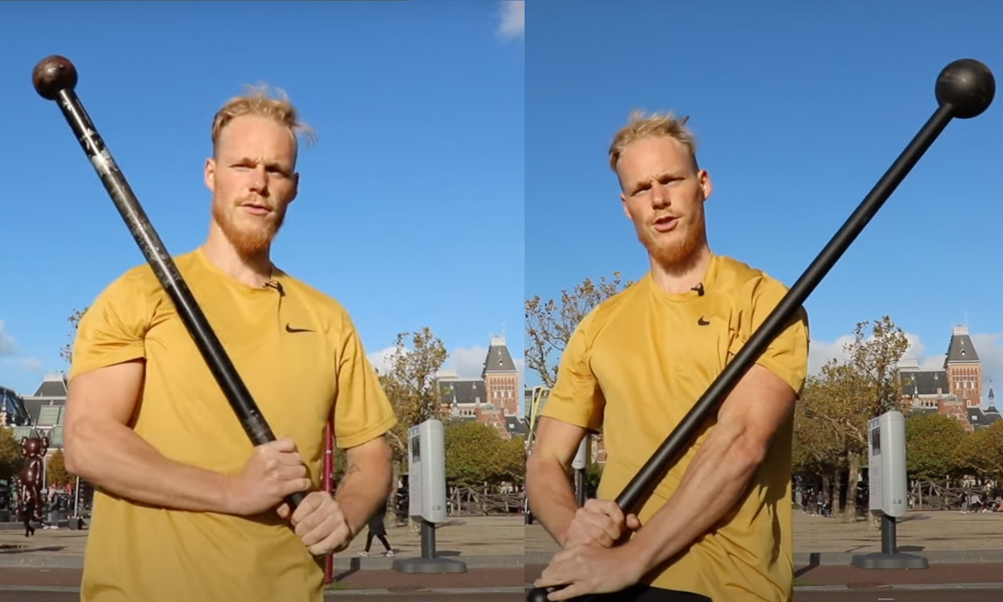 On the left I use a standard 105cm 4kg mace and on the right a 130cm 10kg mace. Notice that on the left the mace leans over the shoulder, and on the right the mace comes in front of the shoulder.